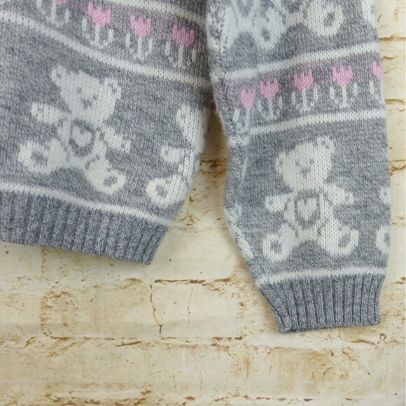 VTG 80s Adele Sweater Womens L Gray Pink Teddy Bears Floral Kidcore Kawaii USA - Picture 4 of 8